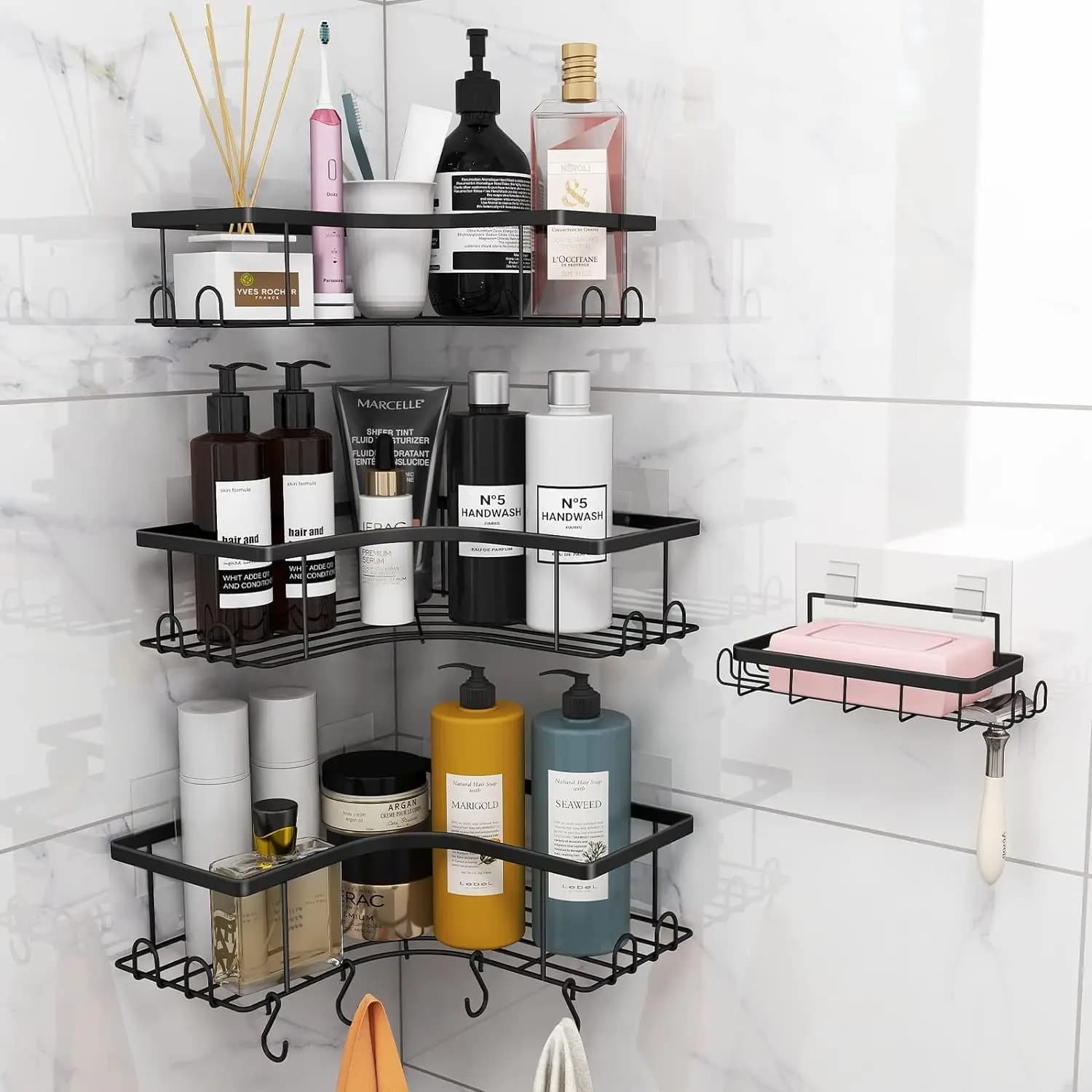 Metal tripod, toilet, storage rack, tooth cup, soap towel, wall hanging, corner installation, non-porous brushed design
