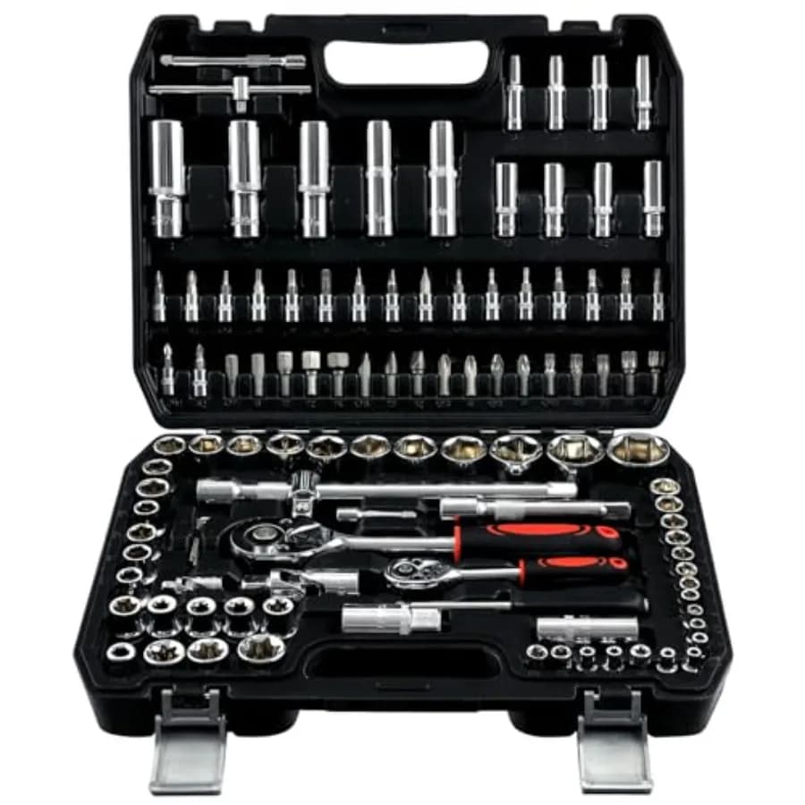 Set di attrezzi meccanici da 108 pezzi, metrico e standard, set di chiavi a bussola da 1/4" e 1/2", set di cricchetti, prolunghe universali, barre di prolunga a sgancio rapido