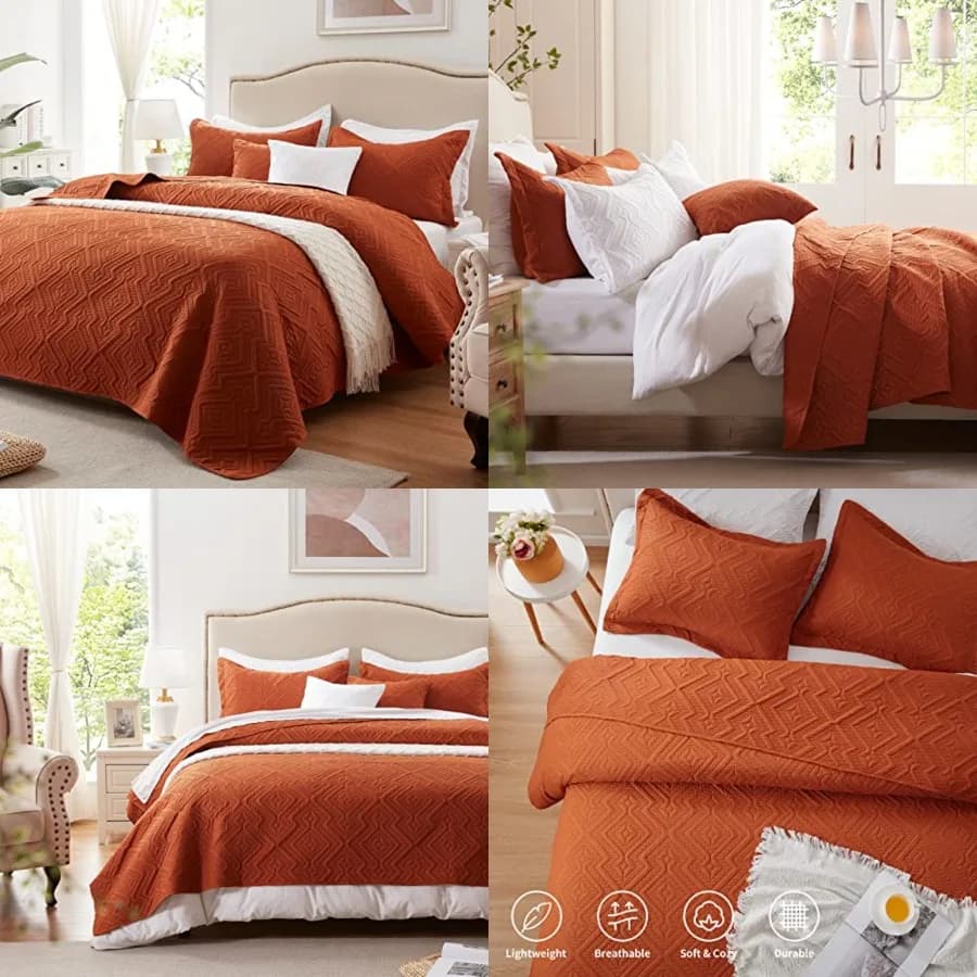 Quilt Set King Size 3 Pieces, Lightweight Burnt Orange/Rust Bedspread-98''x106'', Soft Microfiber Summer Quilt, Luxurious Warm