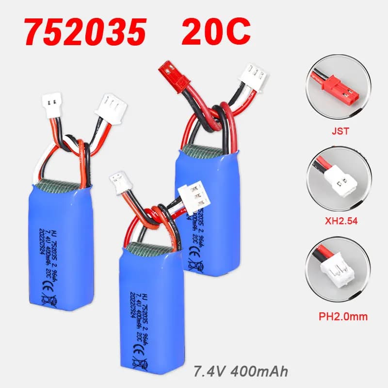 7.4V 2s Battery 400mAh 752035 20C Jst Sm Xh2.54 Ph2.0 Plug for DM007 Quadcopter Aerial Drone Accessories + USB Charging Cable