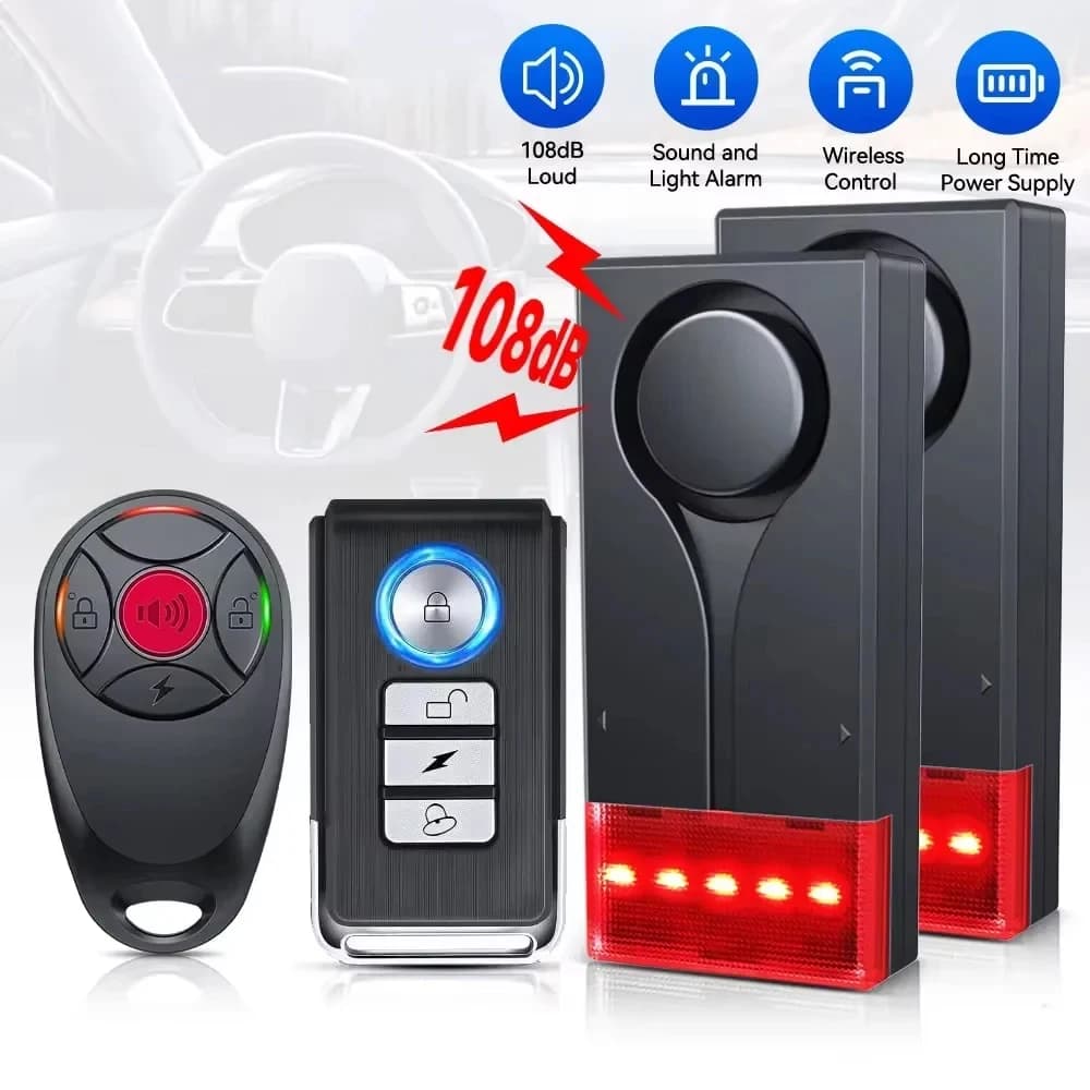Allarme Antifurto per Auto, Moto e Bici, Wireless con Sensore di Vibrazione 108dB, Sistema di Sicurezza per Porte e Finestre