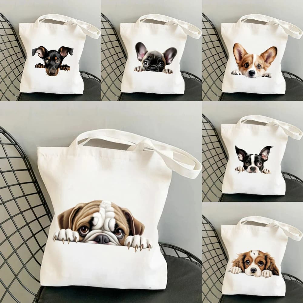 Borsa tote in tela con stampa di cani della razza Peeking Dog, borsa a tracolla riutilizzabile con stampa di cani Corgi, borsa casual per tutti i giorni per gli amanti dei cani, regalo