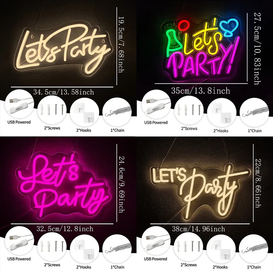 Let'S Party Series Neon Sign For Wall Decor,Light Up Sign For Bachelorette Party,Birthday,Bar,Game Room,Man Cave,Usb Powered