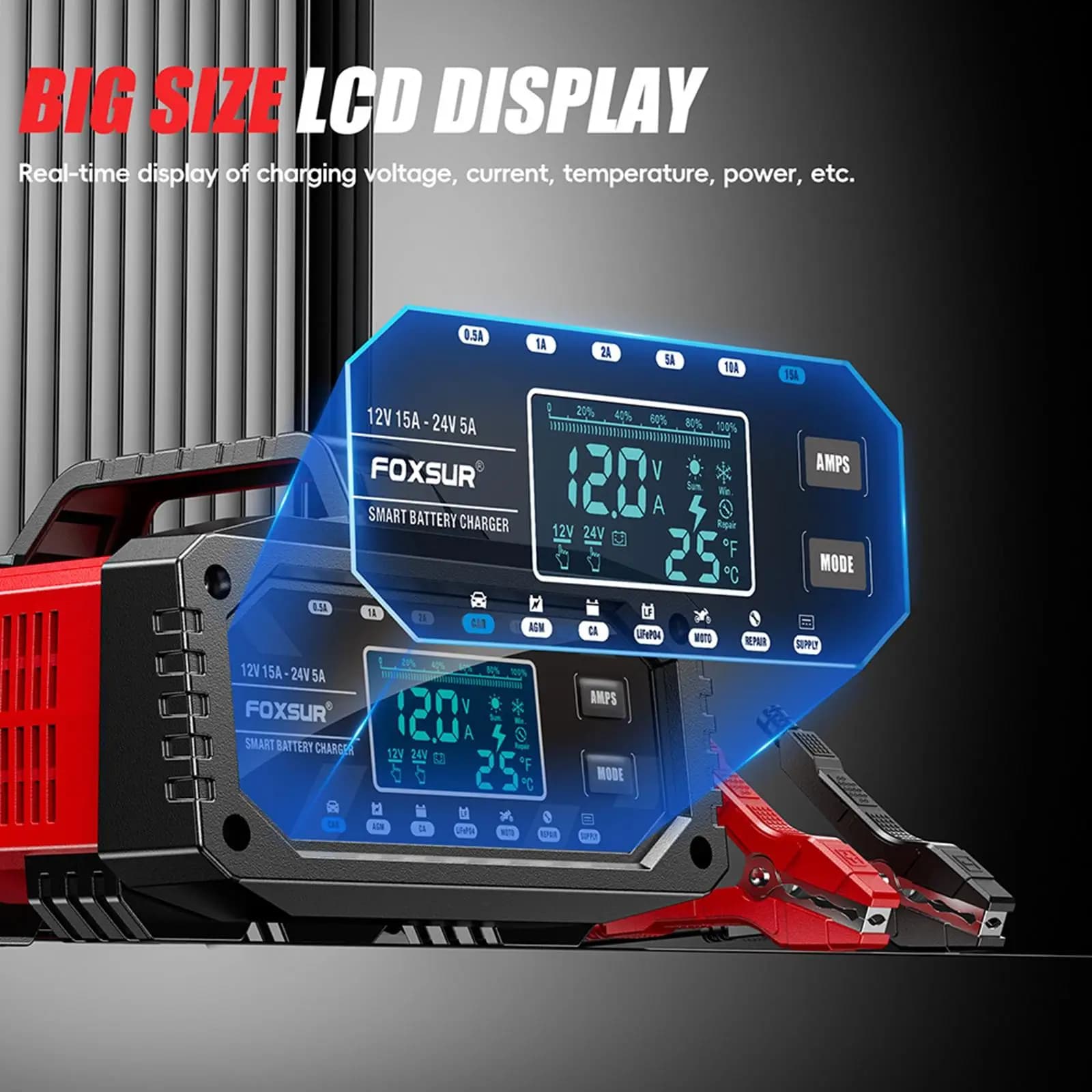 Intelligent Car Charger 12V 24V, Portable Emergency Starter with LCD Display for Vehicles