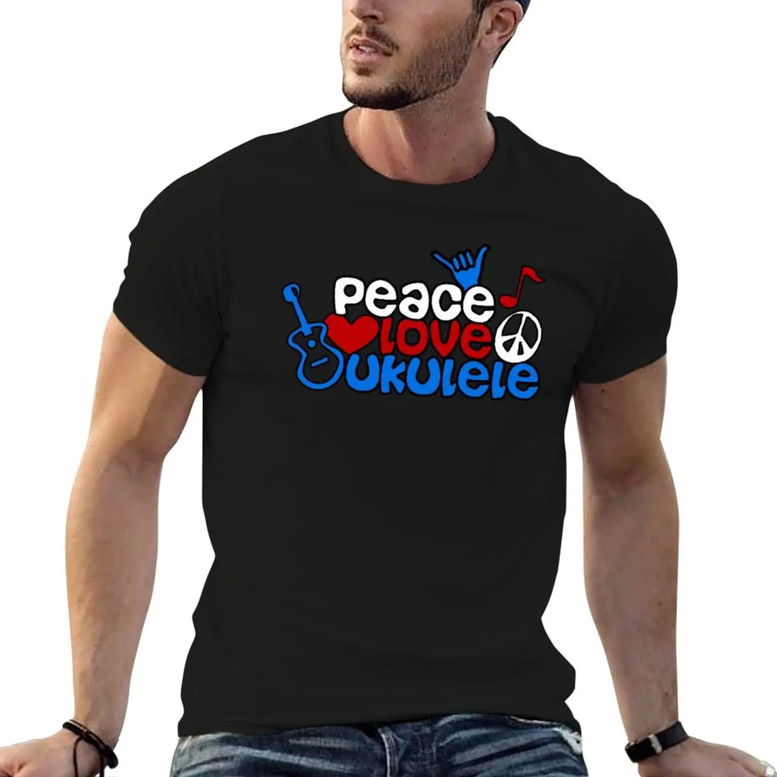 T-shirt Ukulele Love Peace, t-shirt da uomo, t-shirt di lusso, t-shirt personalizzate per uomo, t-shirt grafica vintage