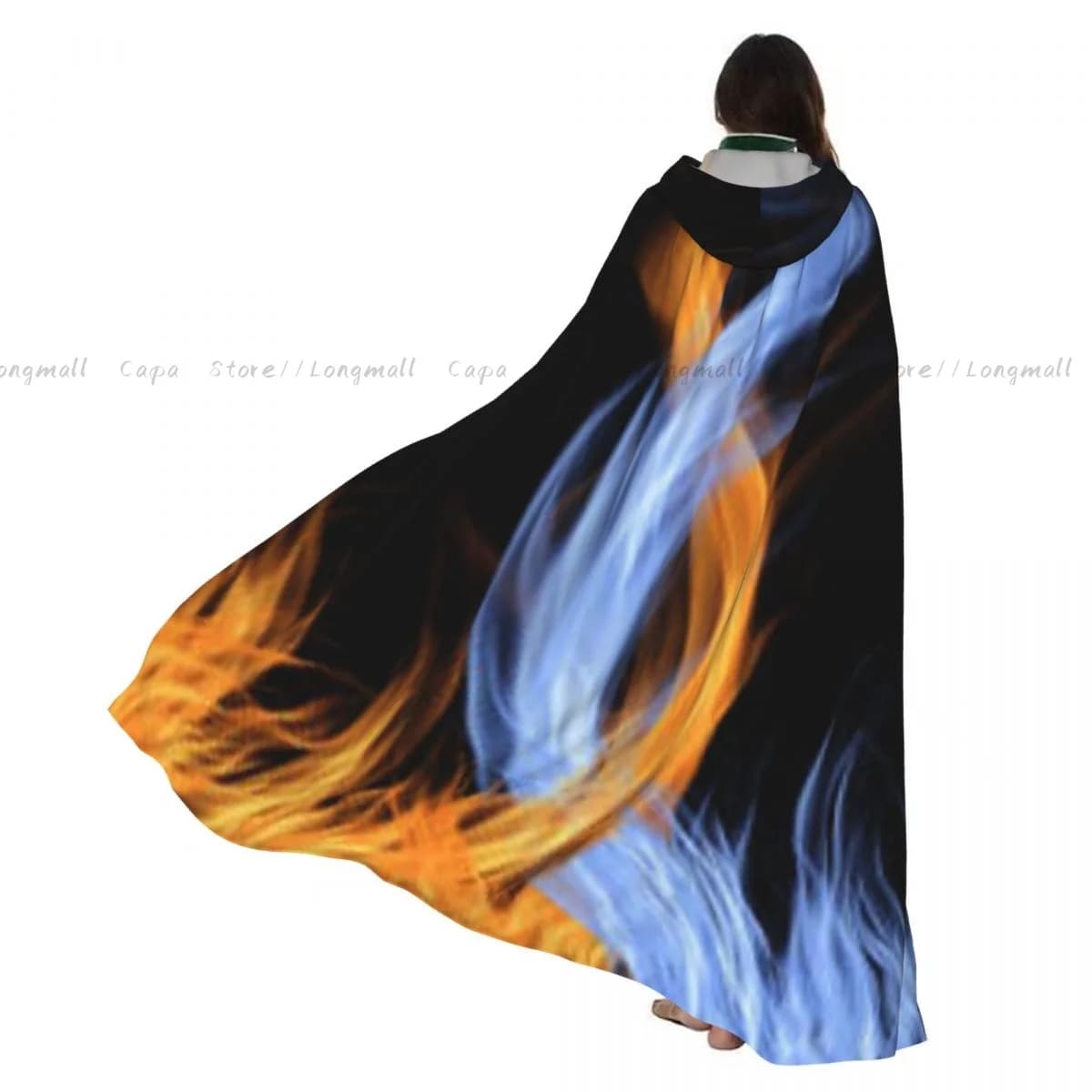 Mantello da fuoco rosso e blu per Halloween per adulti Mantello con cappuccio Costume medievale Cappotto lungo