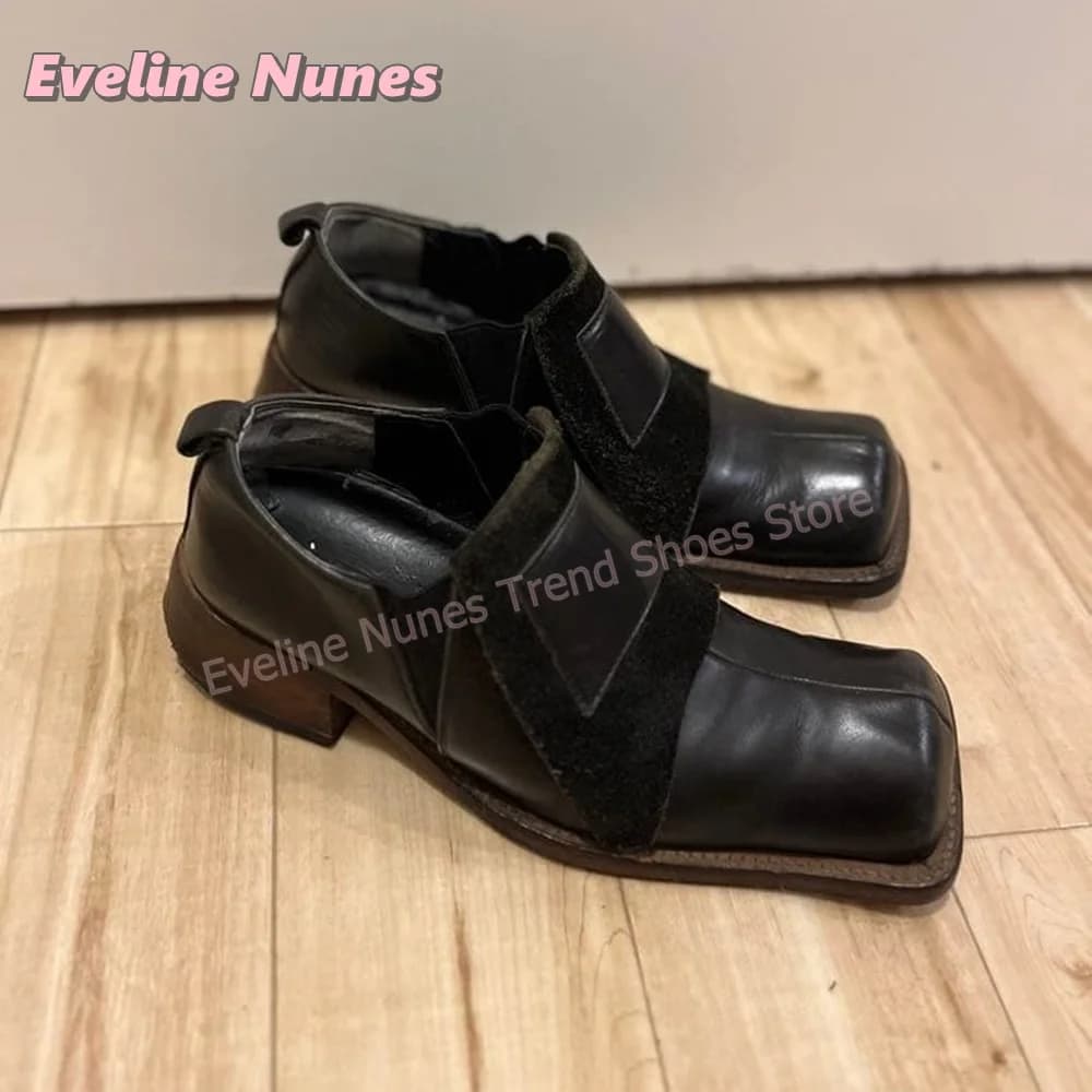 Women Retro Square Toe Fashion Pumps Chunky Heels Faux Suede Slip On Patchwork Vintage Platform Casual Office Walking Loafers