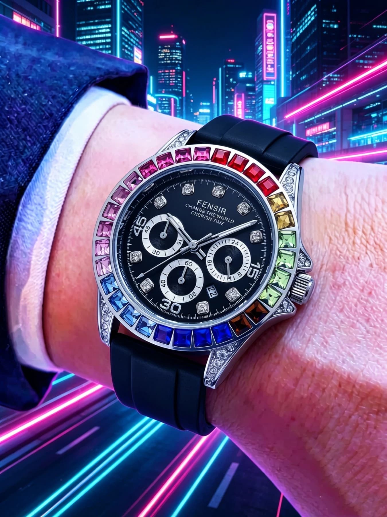 Rainbow Crystal Diamond Ring Men's Quartz Watch, Luxury Gold Case with Calendar Display, Black Silicone Strap Waterproof Men's Watch, Trendy Street Style Wristwatch, Business Casual Versatile Watch, Holiday Gift