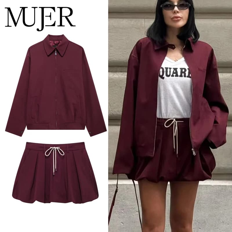 MUJER 2025 Set di gonne a palloncino per donna Minigonna da 2 pezzi Abiti da donna Set da due pezzi Giacca con cerniera a maniche lunghe Completo da donna