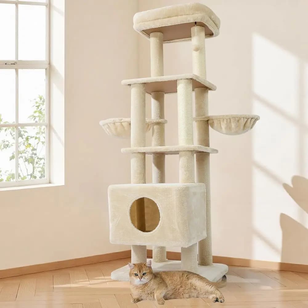 Torre per Gatti a 65 Livelli Resistente con Tiragraffi in Sisal, Amaca e Ampia Piattaforma (Beige)