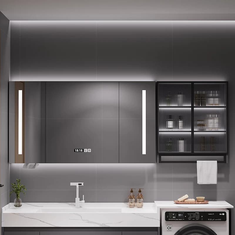 Armadietti a specchio intelligenti in stile nordico crema montati a parete illuminati antiappannamento bagno specchio cosmetico mensola mobili da bagno FYMC