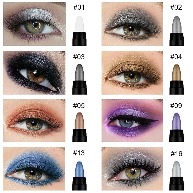 8 matite ombretto metallizzate rosso-marrone, a lunga durata, impermeabili, altamente pigmentate, con glitter e shimmer.