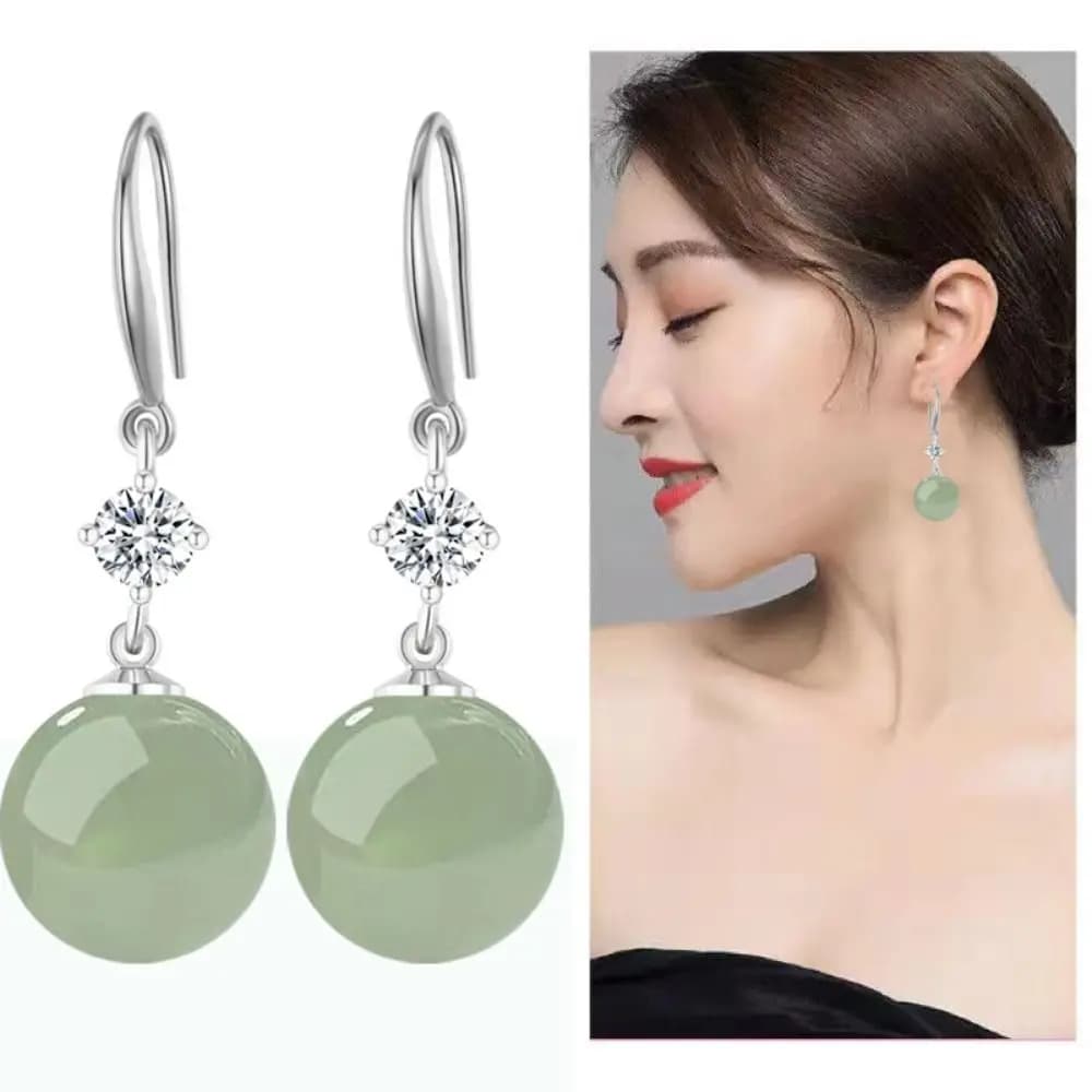 Ball Shaped Long Earrings Shell Beads Simulation Pendant Earrings in green jade Temperament Hook for the ear with rhinestones Female