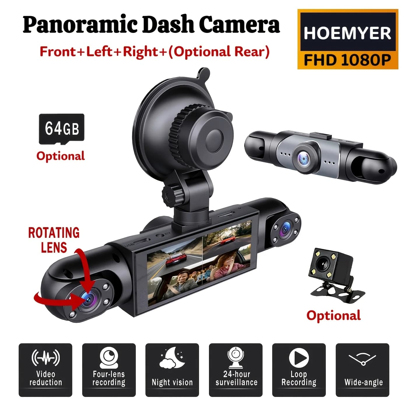 BCUOZ 360 ° Kit Dash Cam Panoramica per Auto a 3/4 Canali 1080P, Telecamera Anteriore 1080P e Copertura Completa 720P per Posteriore/Sinistra/Destra, Simulazione Quattro Schermi