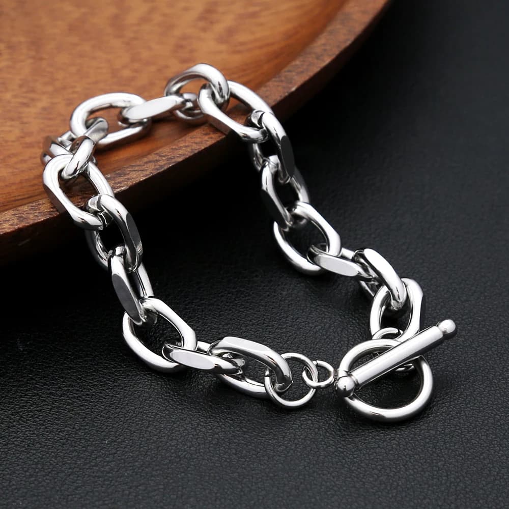 Moda semplice braccialetto in acciaio inossidabile 316L per donna uomo Hip Hop Punk argento colore OT fibbia catena a maglie braccialetti coppia gioielli