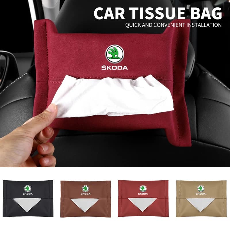 Logo dell'auto Scatola del tessuto Sacchetto di immagazzinaggio della carta Accessori dell'organizzatore per Skoda Octavia Superb Rapid Kodiaq Karoq Fabia Kamiq Enyaq Yeti