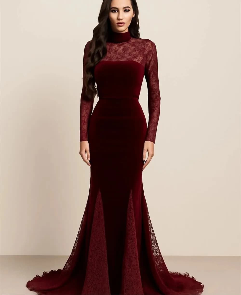 Abito da sera formale a sirena in velluto bordeaux con collo alto, corsetto e maniche lunghe in pizzo, per ballo di fine anno, concorsi di bellezza e feste - Collezione 2026