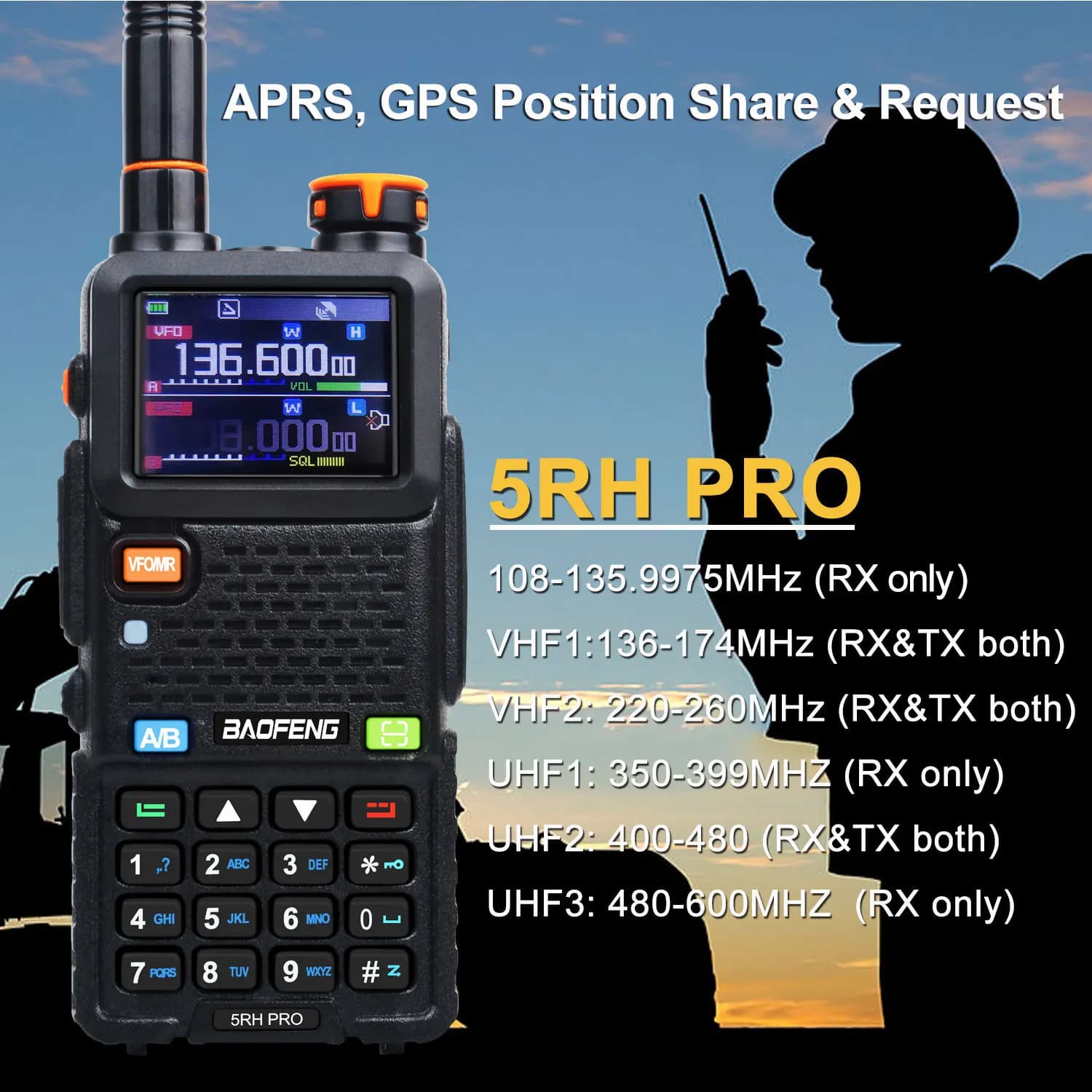 Air Band GPS Walkie Talkie Baofeng 5RH PRO 1.77 "Schermo a colori 7W Multi-Band Vox FM NoAA Avviso meteorologico Scansione di frequenza Radio bidirezionale