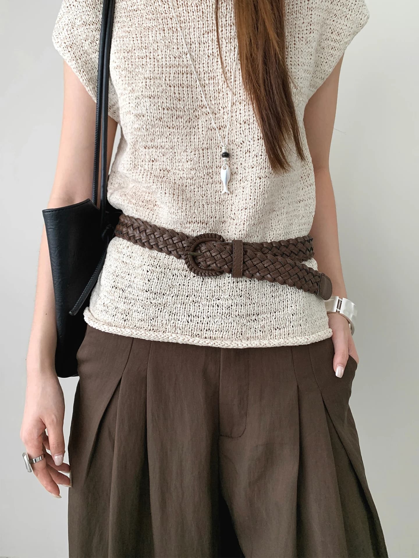 Old Money Style Coffee Brown Woven No-Drill Belt Women's Designer Metal Buckle Decorative Belt