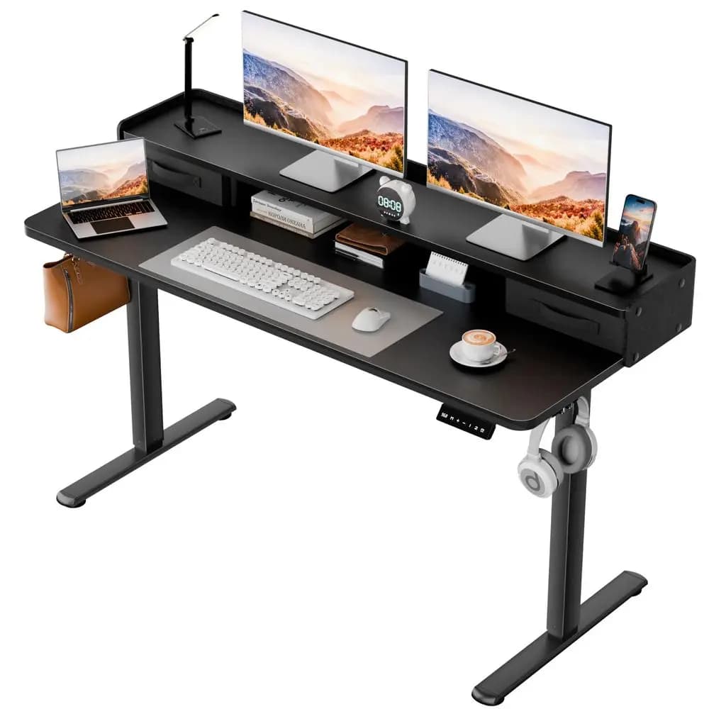 Scrivania Elettrica Regolabile in Altezza con 2 Cassetti, Tavolo Sit-Stand con Ripiano Monitor e Pannello di Estensione Rapida