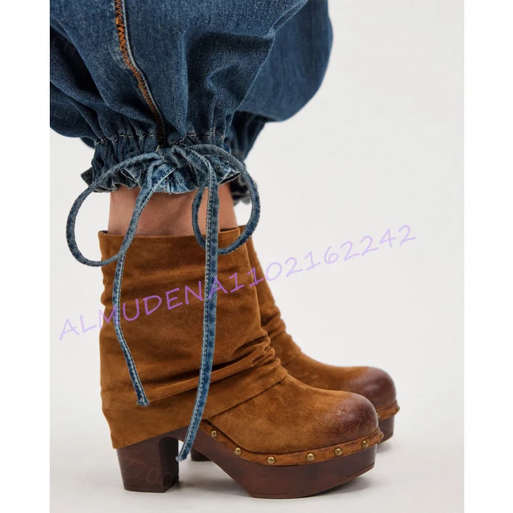 Women Brown Suede Boots Platform Ankle Boots Block Heel Round Toe Slouchy Design Studded Detail Wooden Fashion Casual Footwear