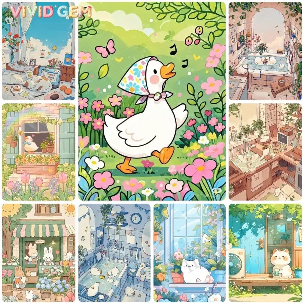 VIVID GEM Cute Cartoon Animals Diamond Painting, Whimsical Ducks, Cats and Rabbits Handmade Exquisite Creative Gift Home Decor