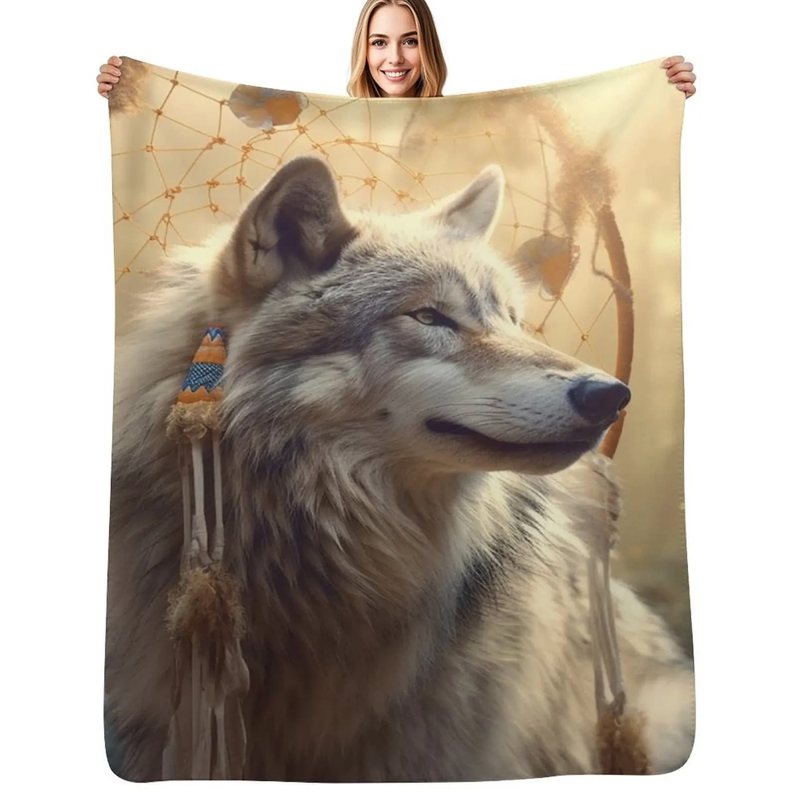 Wolf and Dream Catcher Throw Blanket Soft Comfort Blanket for Reading Watching TV