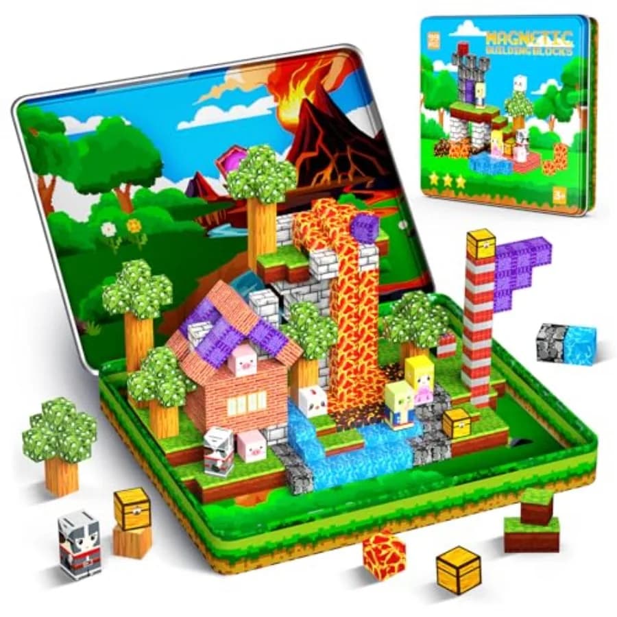 99PCS Magnetic Blocks Travel Toys, Magnet Building Blocks with Portable Metal Box, Mini Construction Travel Magnetic Tiles for