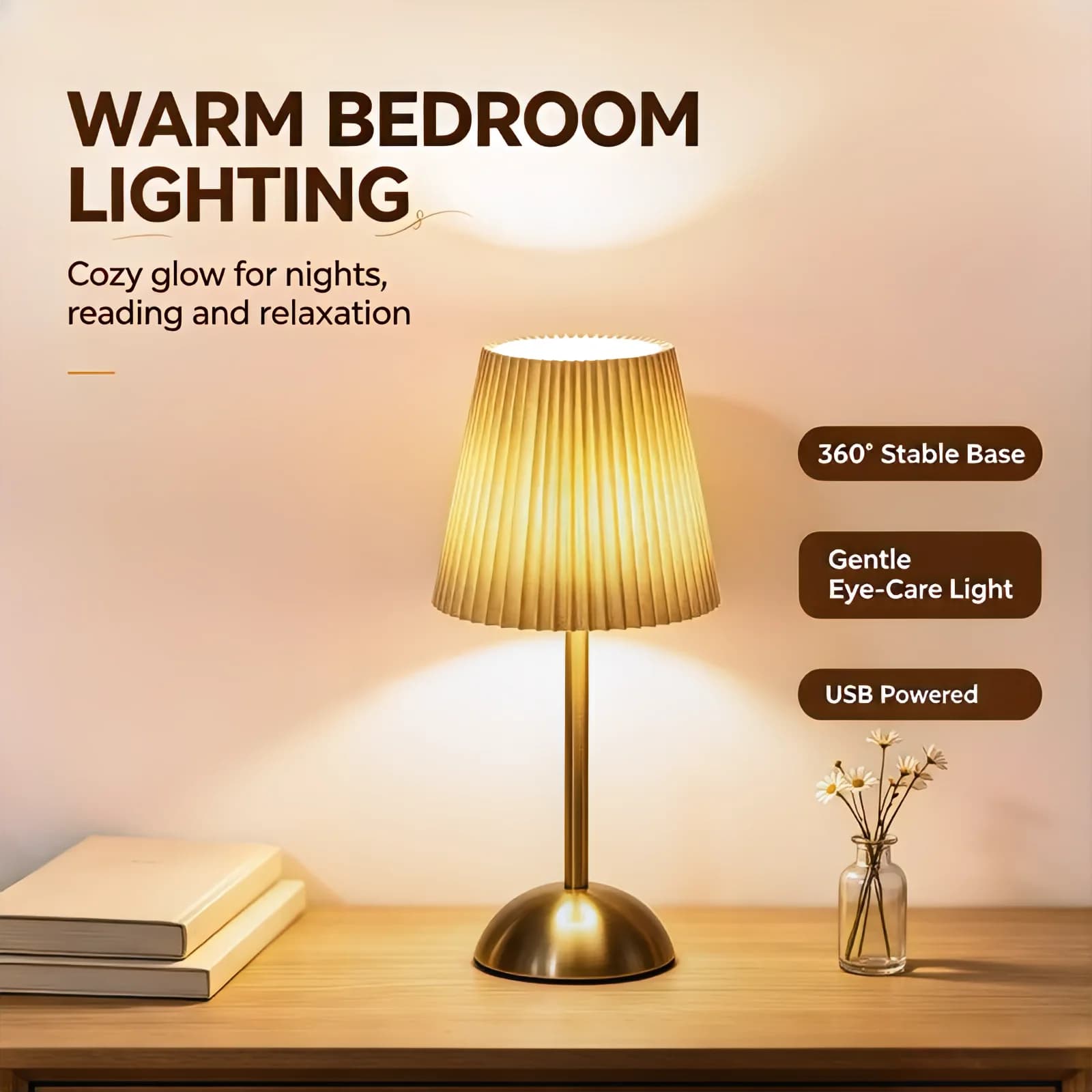 Gold Pleated Fabric Shade USB Table Lamp, Elegant Golden Metal Base Decorative Desk Lamp, USB Control Bedside Lamp for Bedroom D