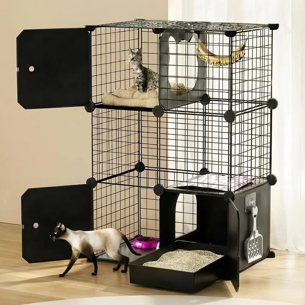 Recinto per Gatti a 3 Livelli in Metallo per Interni con Lettiera, Design Smontabile Fai-da-Te per Gatti e Piccoli Animali, Cuccia Multi-Livello