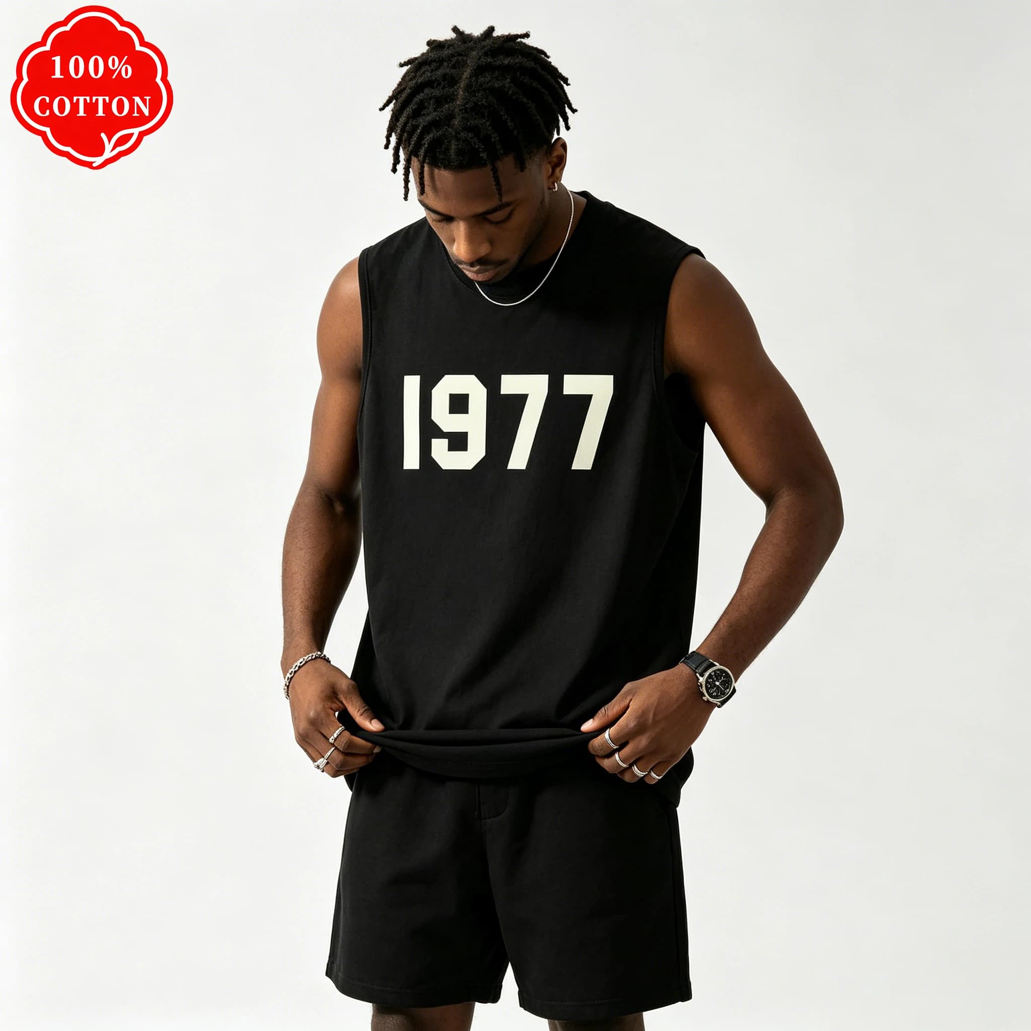 100% cotton men's summer vest is loose-fitting, featuring 1977 patterned print on a round neck and sleeveless design - T56