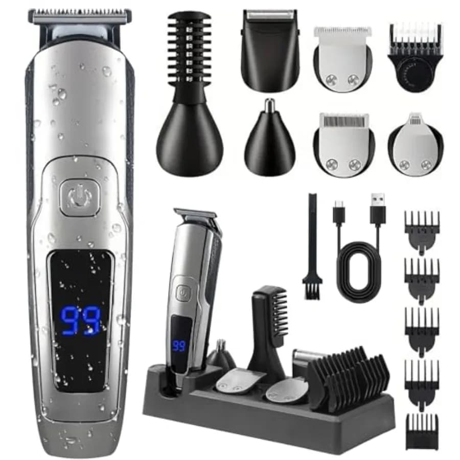 Regolabarba da uomo 14-in-1, kit per la cura della barba senza fili, rasoio elettrico impermeabile da uomo, tagliacapelli, tagliacapelli per naso, senza filo