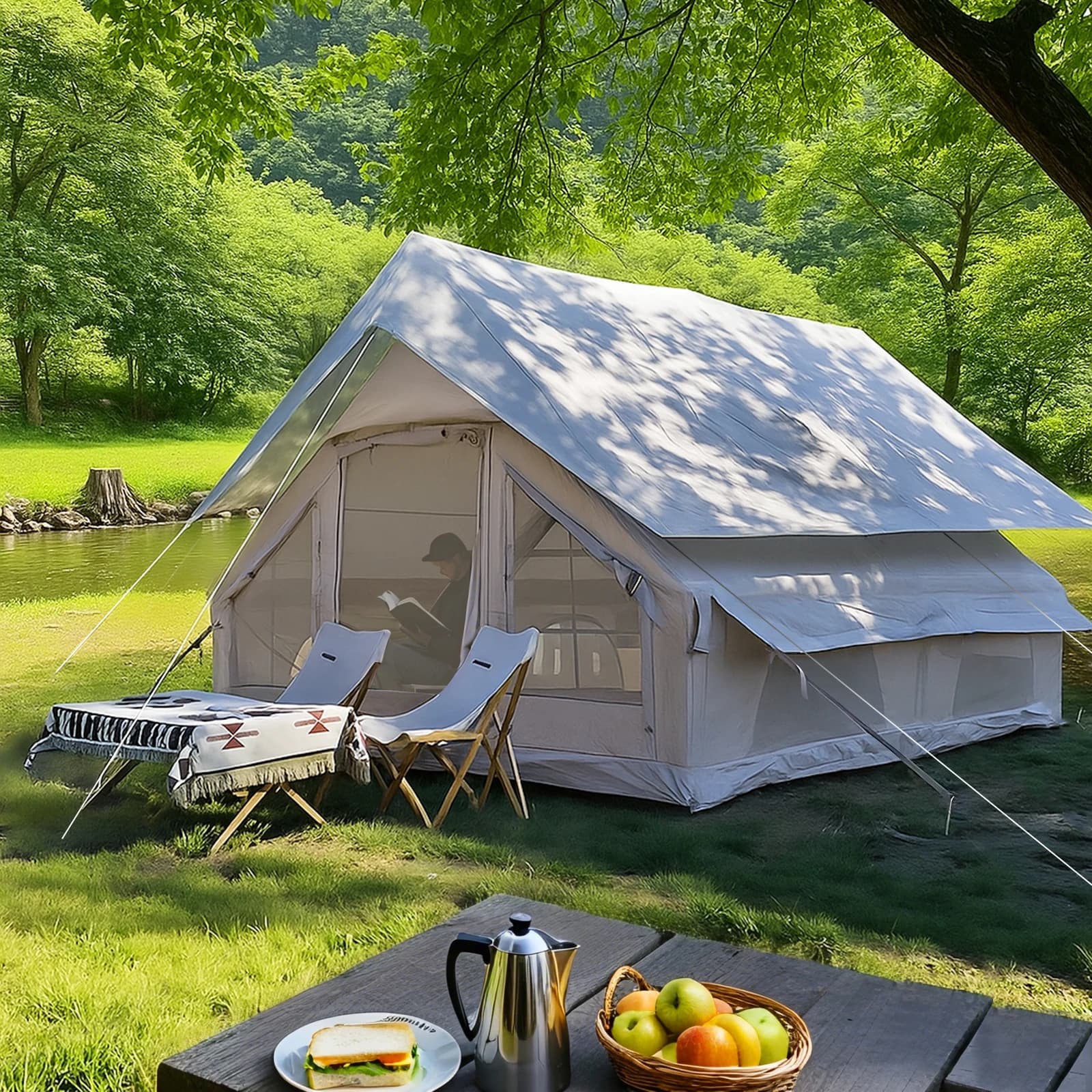 Tenda gonfiabile grande 13' x 10' per campeggio, tenda gonfiabile con telo impermeabile, tenda ad aria per glamping con foro per stufa