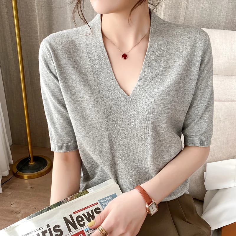 Maglione con scollo a v basso in filo di cotone 100% sciolto plus size t-shirt estiva a maniche corte a cinque punte