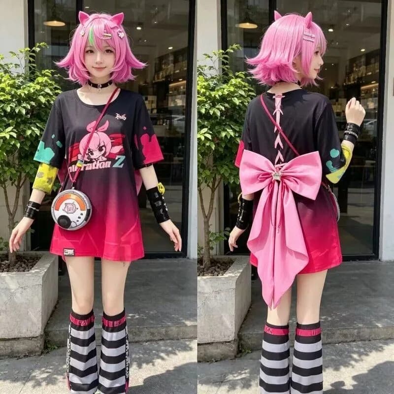 Haniel Costume Game Neverness to Everness Cosplay Pink T-shirt with Accessories Full Set for Women Theme Party