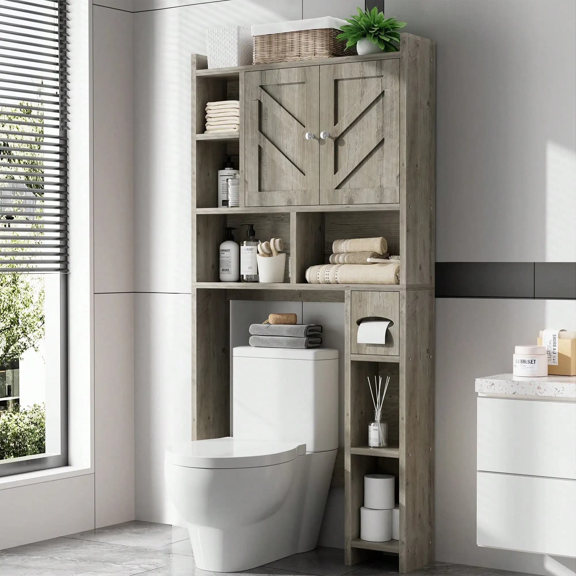Vongrasig Over The Toilet Storage Cabinet, Freestanding Farmhouse Storage Cabinet Over Toilet, Bathroom Storage Organizer Cabinet With Toilet Paper Holder Stand And Adjustable Shelf