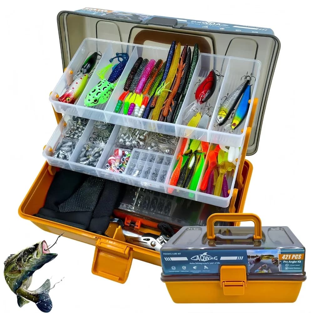 Scatola per Attrezzatura da Pesca a 3 Livelli, Kit di 421 Esche, Ami, Pesi e Accessori per Pesca in Acqua Dolce e Bass