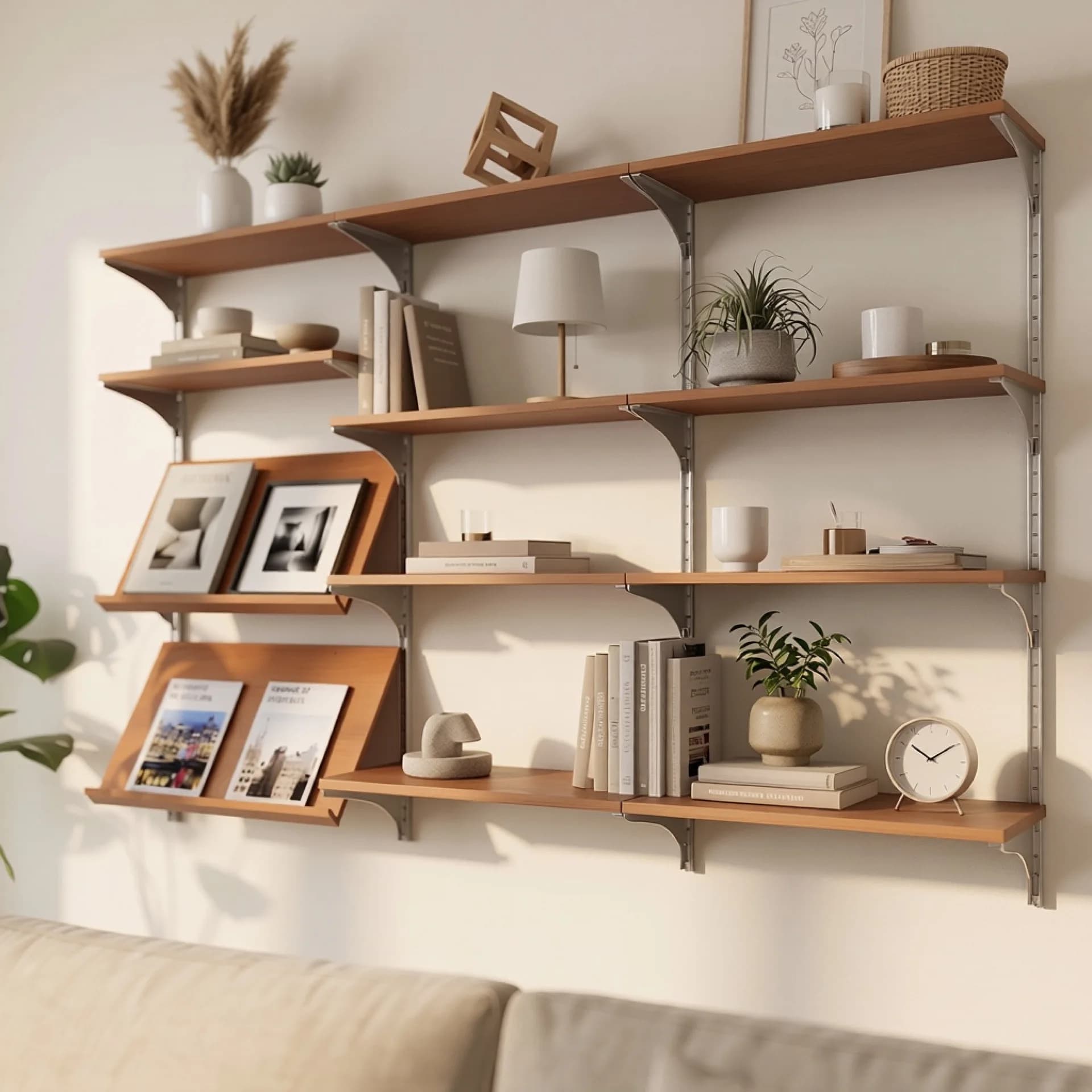 Living room wall track combination shelf decorative display pendulum module adjustable solid wood wall bookshelf