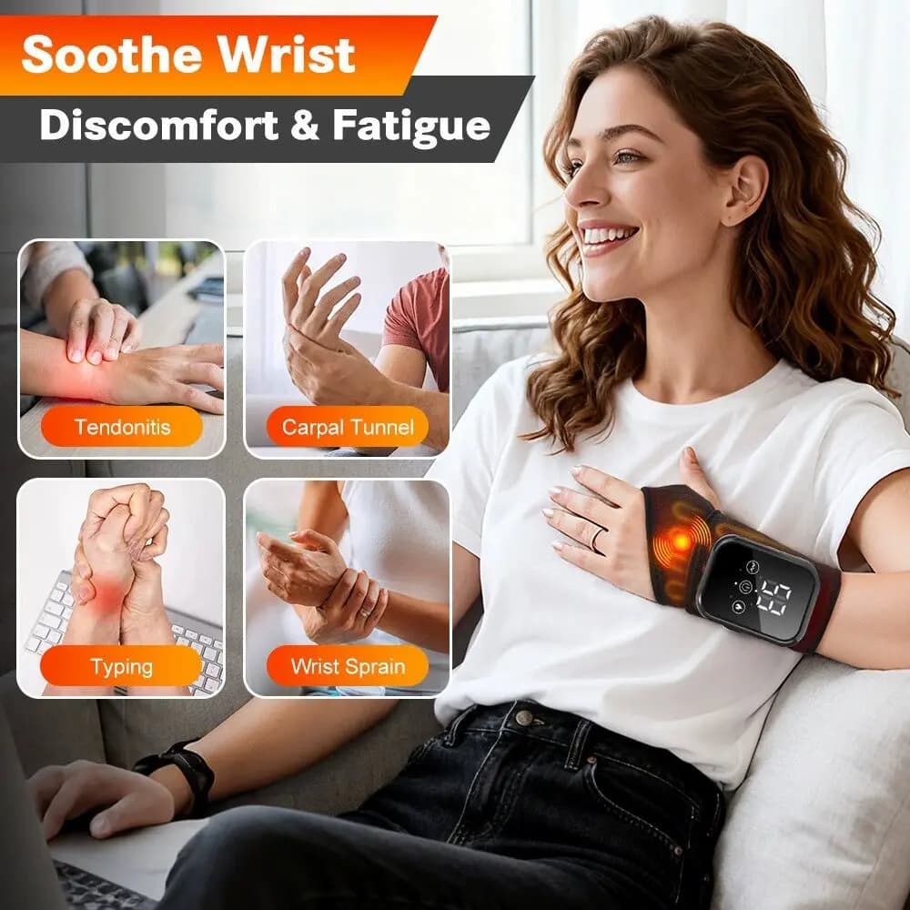 Massaggiatore Elettrico Riscaldante per Mani e Polsi, Protezione Termica Wireless per Polso, 3 Compresse Calde, 3 Vibrazioni, Fascia per Rilassamento Muscolare