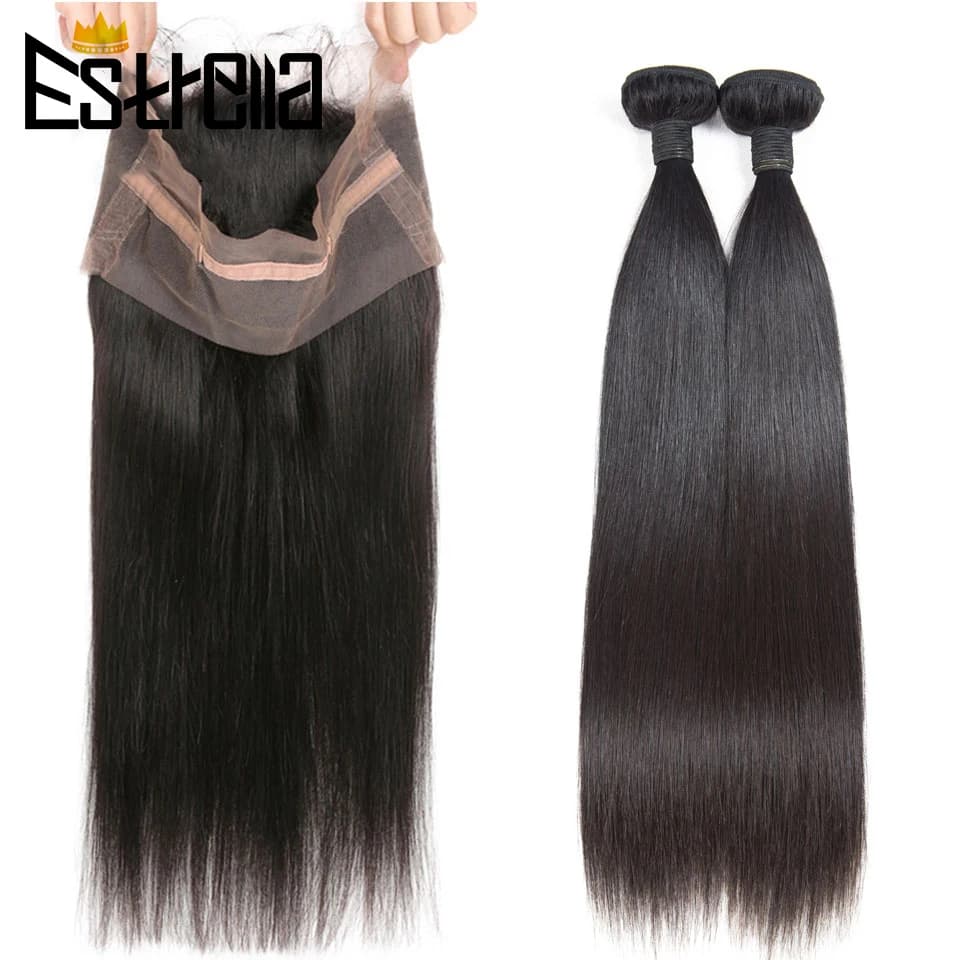 Frontale in pizzo 360 con bundle di capelli lisci brasiliani, bundle di capelli umani Remy con frontale in pizzo completo e chiusura