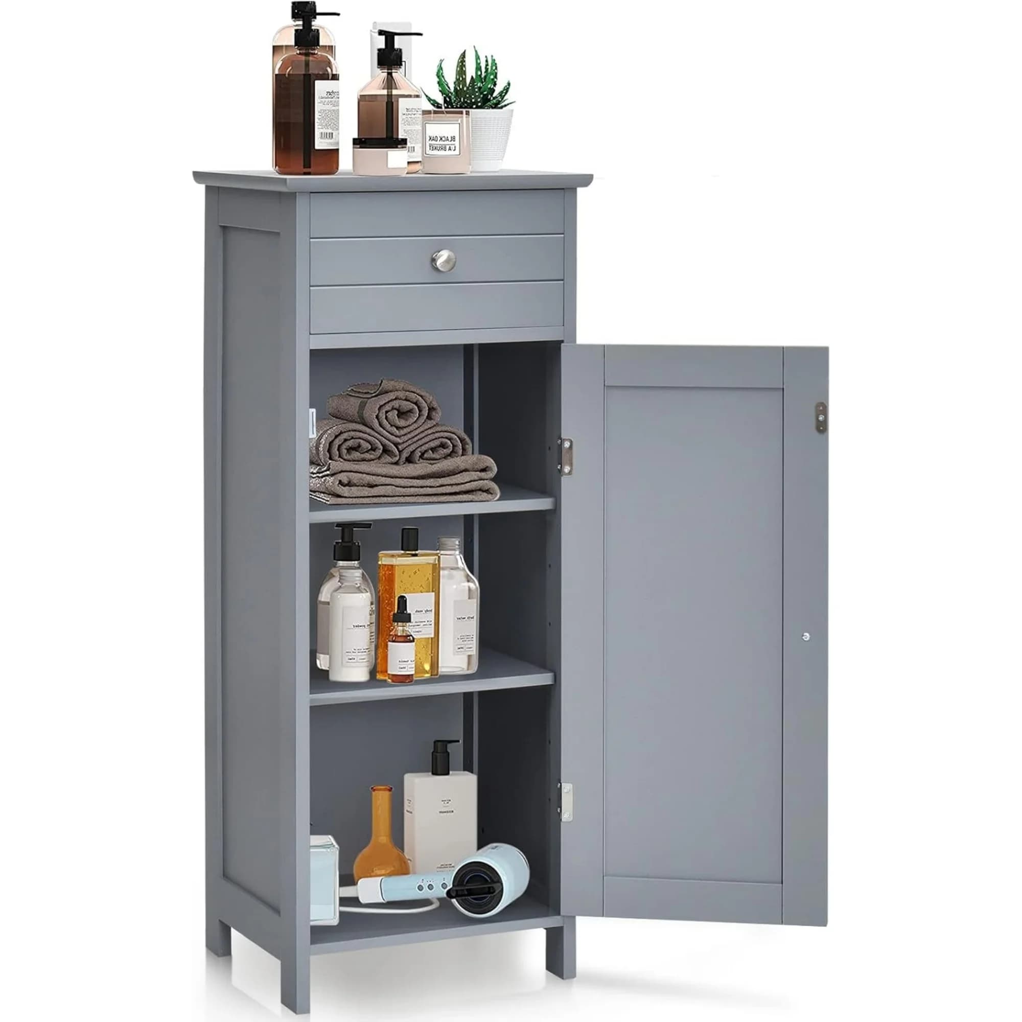 Bathroom Storage Cabinet, Freestanding Wooden Storage Cabinet with Large Drawer, 2 Float Shelves with 7 Positions, Bathroom Floor Cabinet Organizer for Living Room, Gray