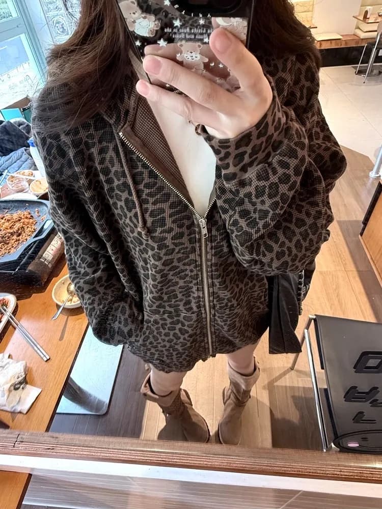 Giacca con Cappuccio a Maniche Lunghe con Stampa Leopardata, Nuovo Stile Primavera-Autunno per Donna, Cardigan con Zip, Stile Casual