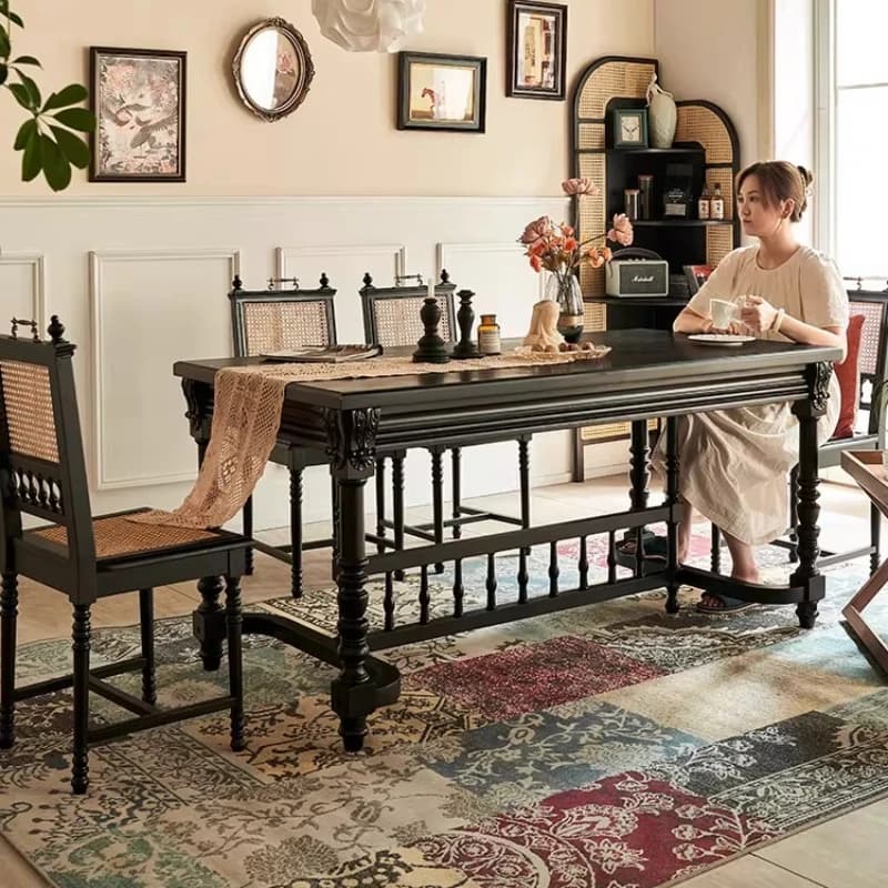 Tavolo da Pranzo Vintage Francese Black Knight in Legno Massello con Gambe Intagliate, Scrivania Multifunzione 160-220cm, Arredamento Rettangolare per Casa