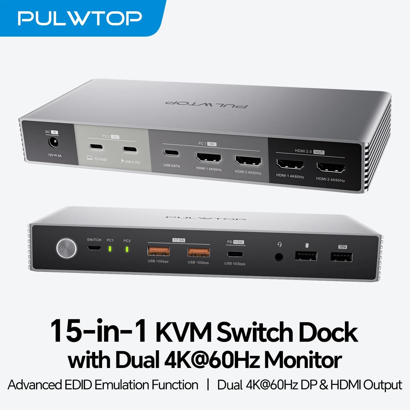 PULWTOP Docking Station KVM per Laptop e Desktop, Switch KVM con 2 HDMI, USB A/C 3.2 10Gbps, Ricarica 15W, Audio