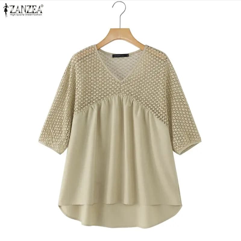 ZANZEA Fashion Summer Women Blouses Half Sleeve Lace Patchwork Hollow Out Tops Irregular Blouse OL Work See-through Blusas Tunic