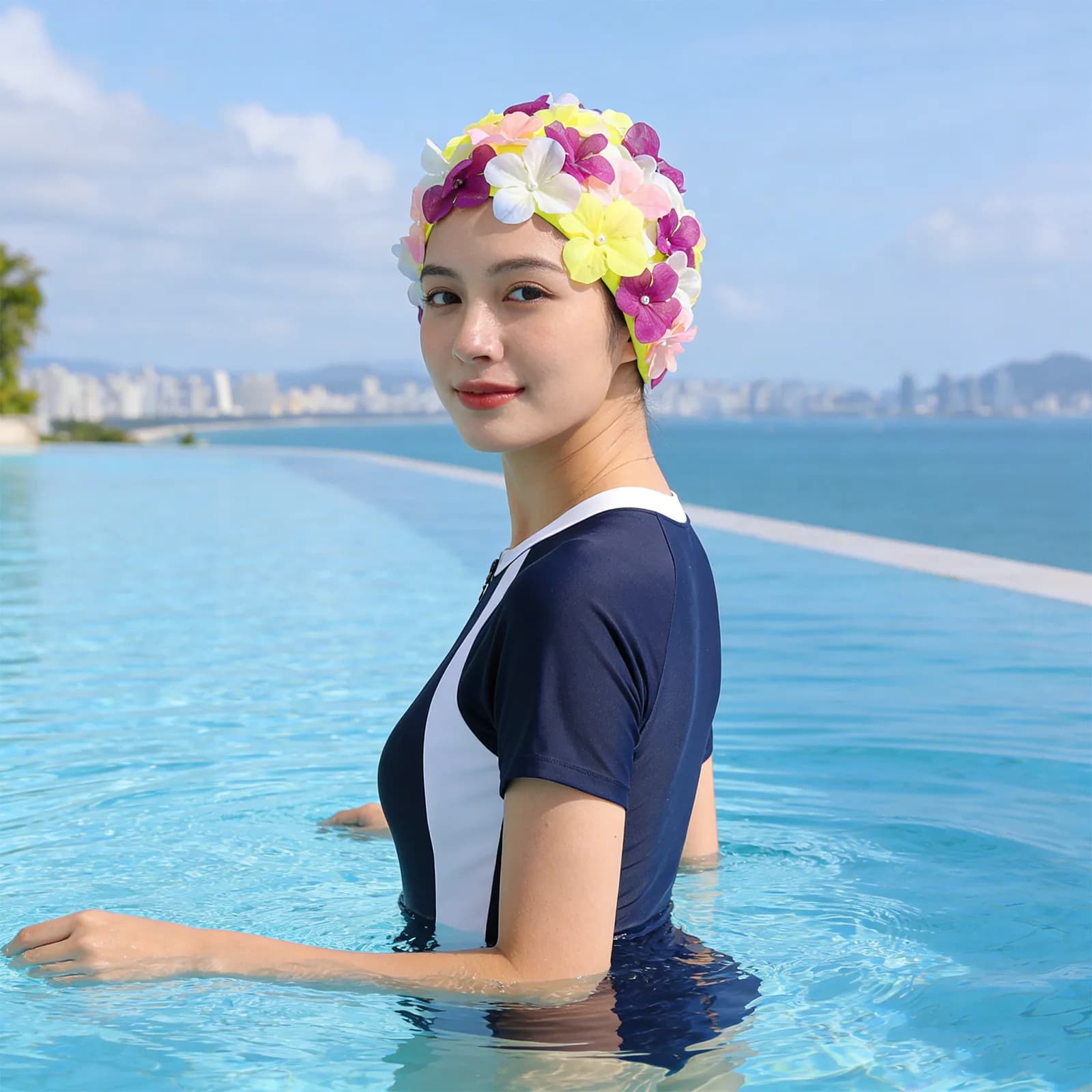 2Pcs 3D Floral Swim Cap Flower Pattern Nylon Bathing Hat Soft Swimming Hair Protection Women Girls Pool Party Water Sports