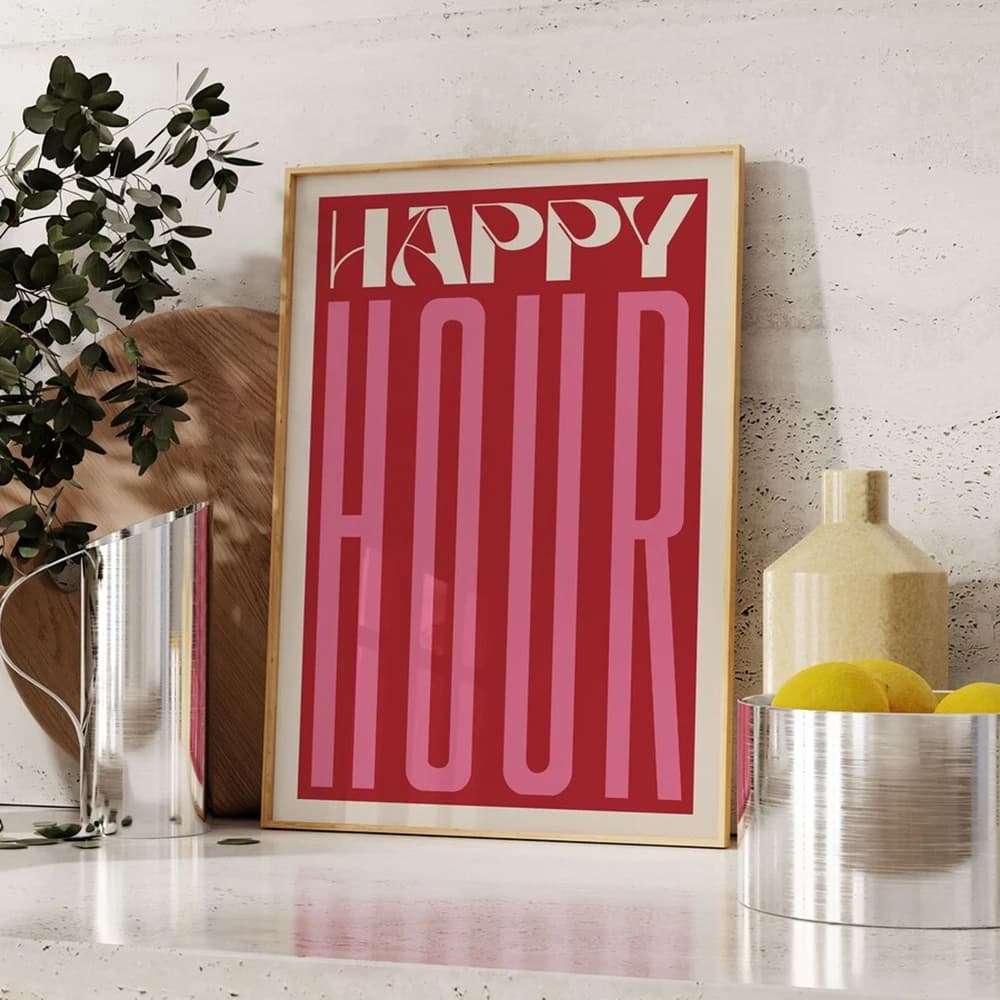 Retro Trendy Happy Hour Quote Black Red Wall Art Prints Canvas Painting Poster Pictures For Kitchen Room Home Decor