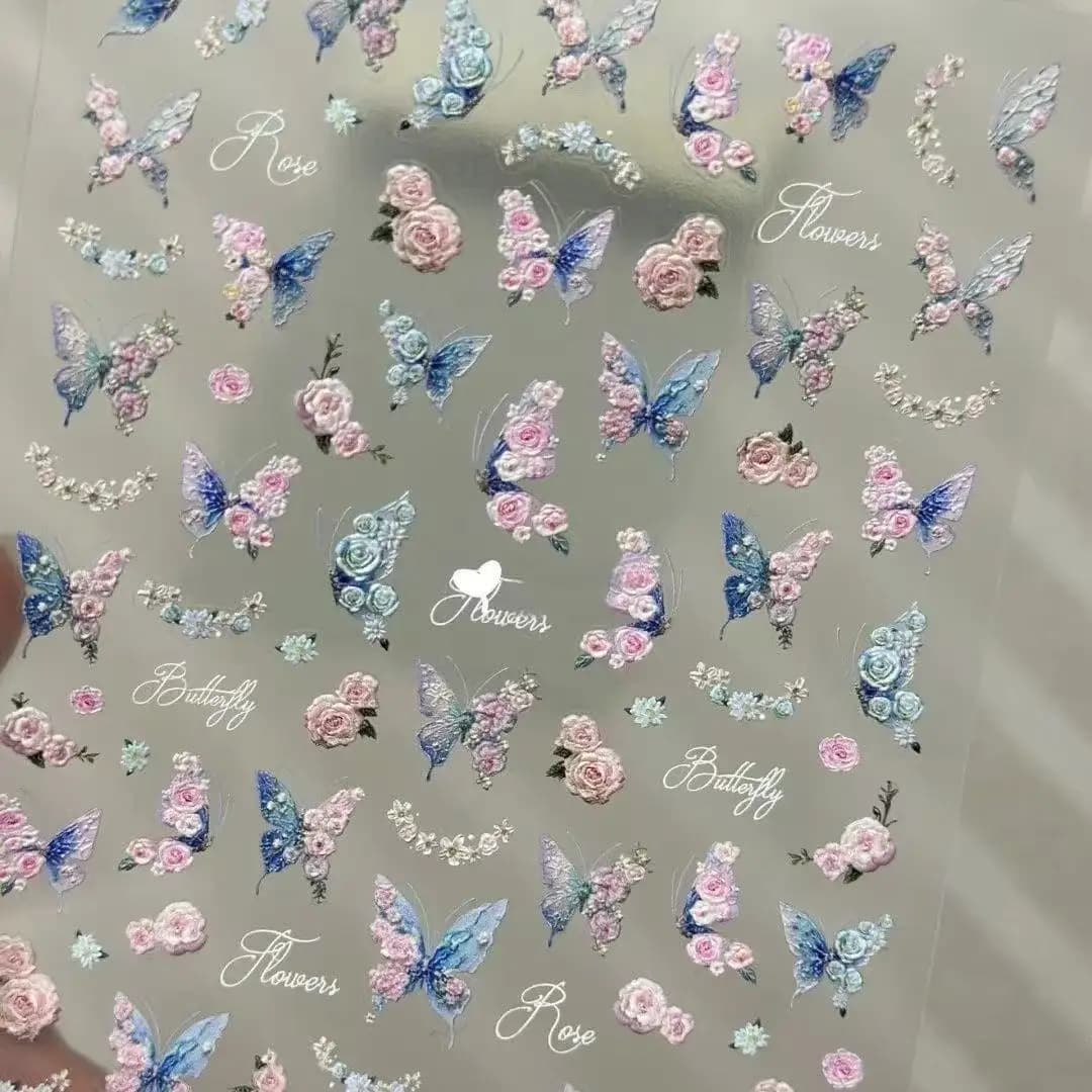 Adesivi per Unghie 3D con Farfalle e Rose, Decorazioni Etereal Dreamy Impermeabili Autoadesive per Nail Art Fai-da-Te