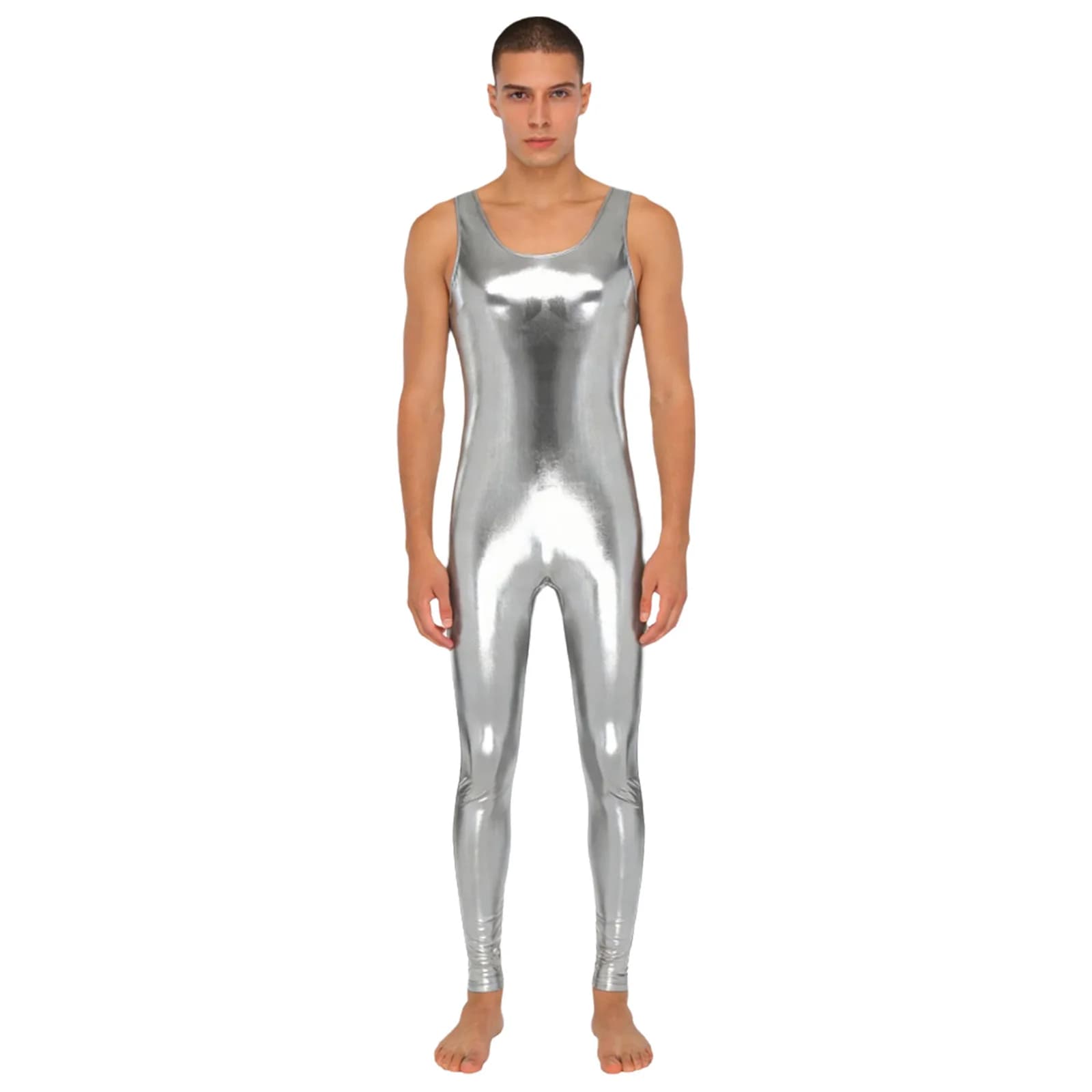 Tuta Intera Metallizzata da Uomo per Ginnastica, Yoga, Sport, Senza Maniche, Leggings, Body per Bodybuilding, Club, Spettacoli di Danza