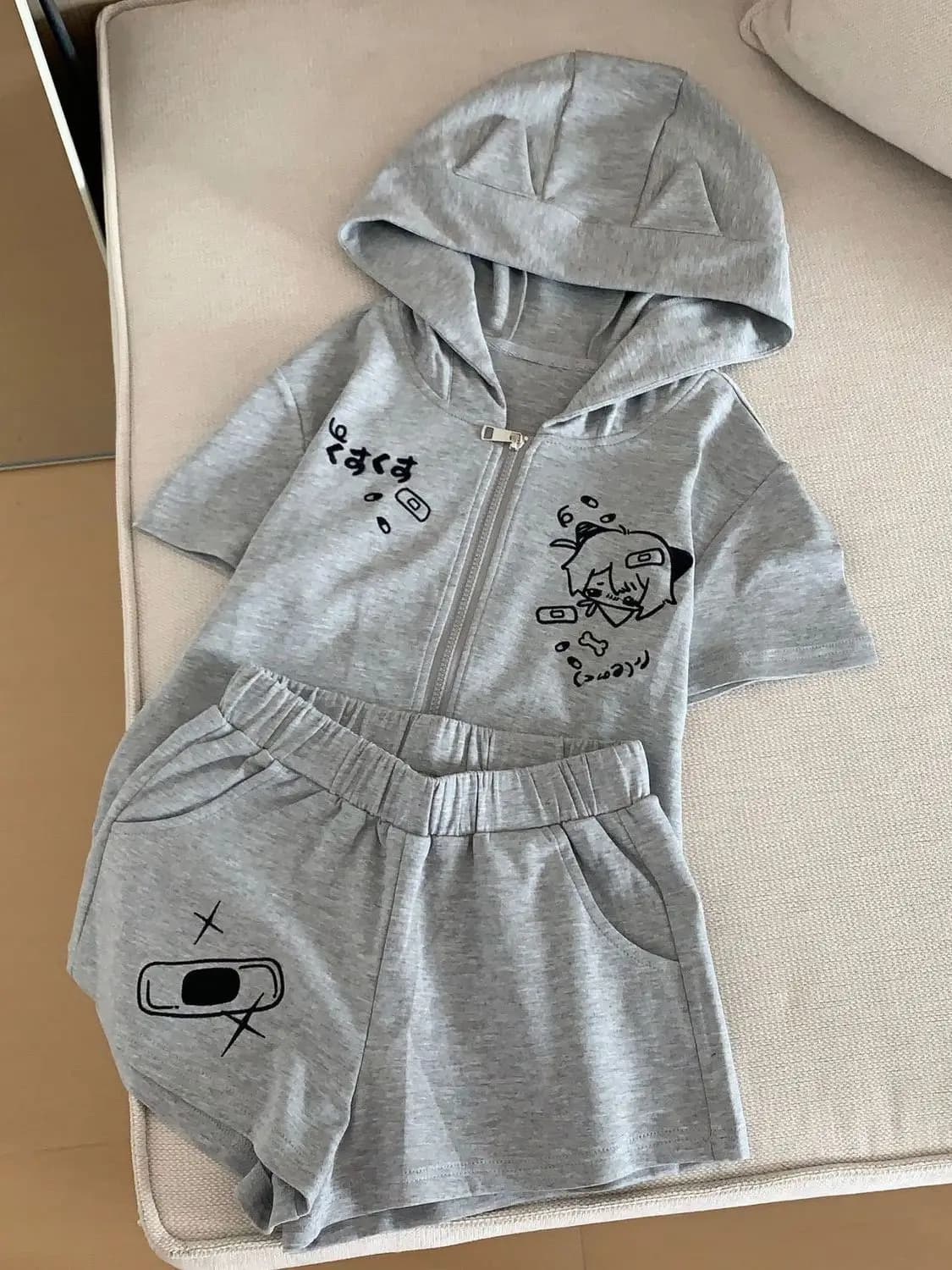 2000s Y2K Kawaii Cartoon-Printed Two-Piece Set: Cat Ear Hoodie & Shorts, Casual Cute Style with Japanese Anime Prints Sweet Girl